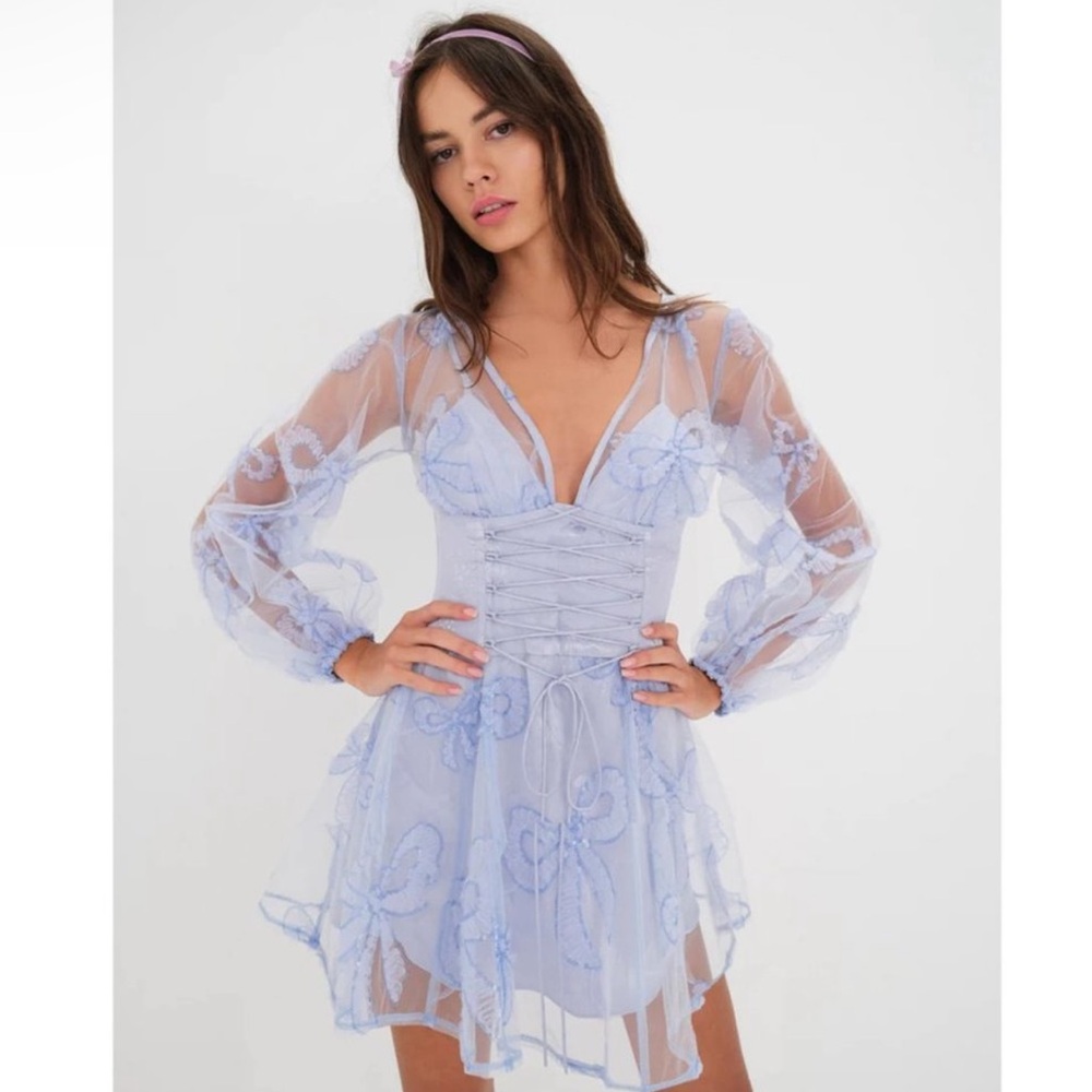 NWT For Love & Lemons Presley Bow Sheer Corset Mini Dress Preppy Coquette
